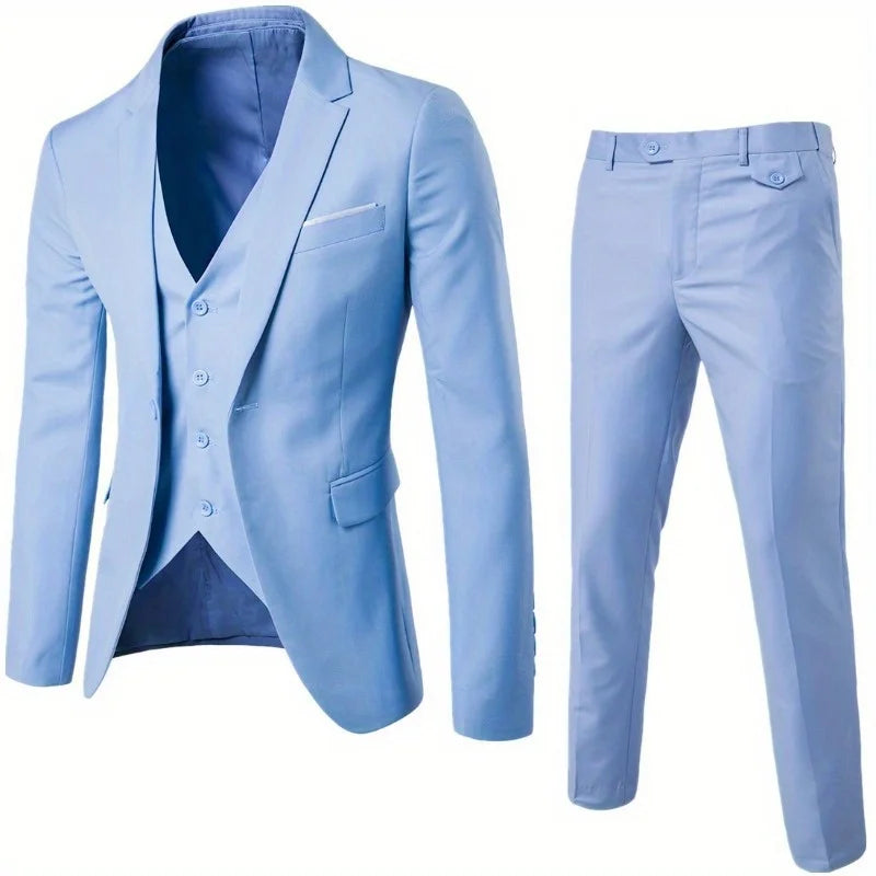 Men's Slim 3-Piece Suit Elegant and modern, this gray slim-fit suit includes a jacket, vest, and pants. Ideal for stylish weddings, parties, or social events.