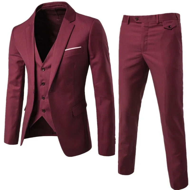 Men's Slim 3-Piece Suit Elegant and modern, this gray slim-fit suit includes a jacket, vest, and pants. Ideal for stylish weddings, parties, or social events.