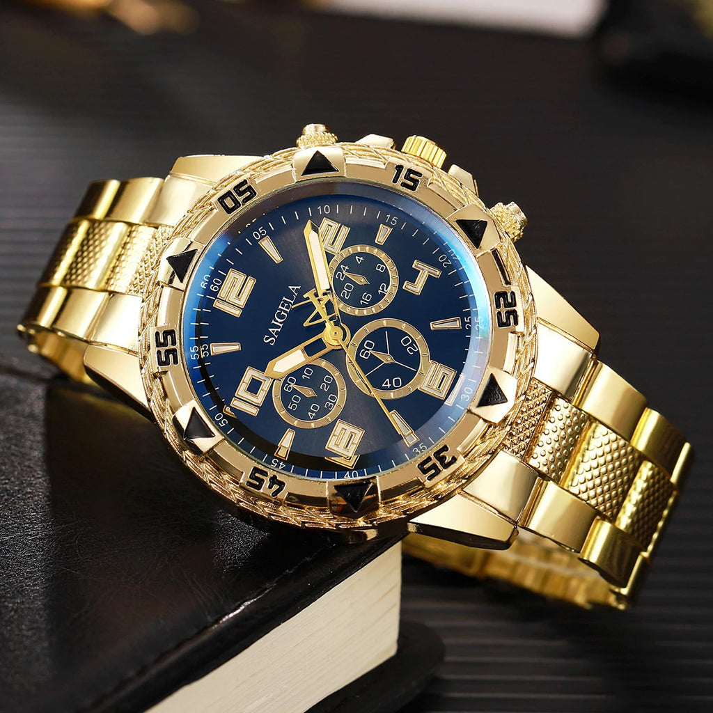 Luxury Gold Men's Watch With a sophisticated design and a gold-tone steel bracelet, this men's watch brings elegance and style to any occasion. Available with a blue or gold dial.