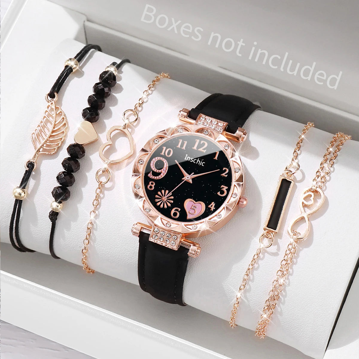 This elegant set includes a floral-designed wristwatch and delicate bracelets, all in rose gold tones. Ideal for those seeking versatility and beauty in accessories. (Boxes not included).