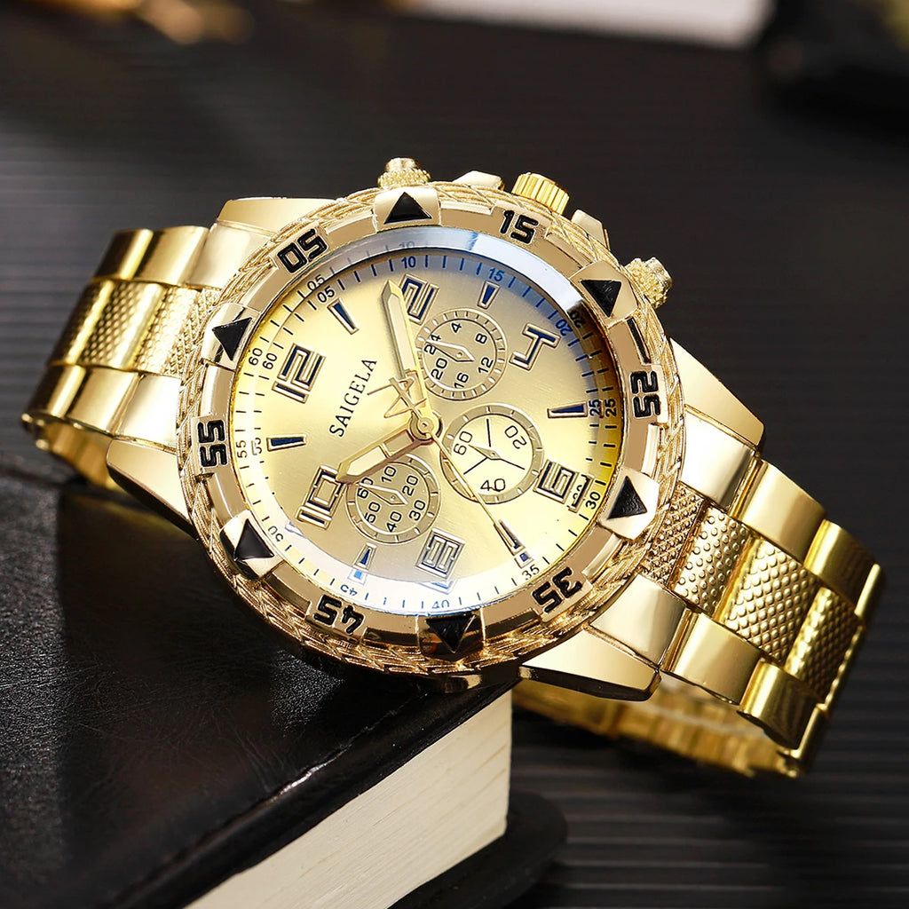 Luxury Gold Men's Watch With a sophisticated design and a gold-tone steel bracelet, this men's watch brings elegance and style to any occasion. Available with a blue or gold dial.