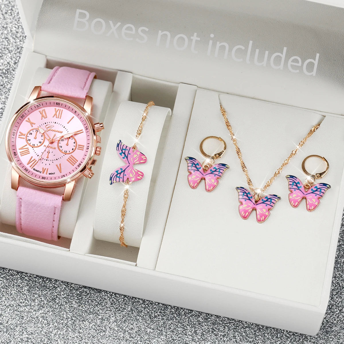 Women's Watch and Jewelry Set Elegant and delicate, this set includes a pink watch, bracelet, necklace, earrings, and ring with heart details and sparkling pink stones. Perfect for gifting or complementing your style.