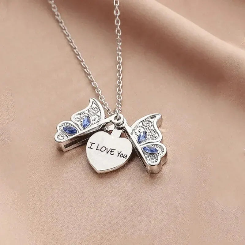 Butterfly Necklace with "I LOVE YOU" Pendant Besides its unique beauty, the pendant opens to reveal a heart with the special message "I LOVE YOU," making it the perfect gift for someone special.