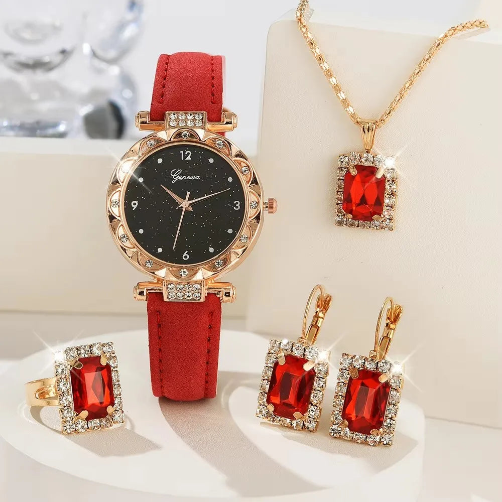 Women Watches Consist of 5 Pieces Luxury Rhinestone Wristwatch Elegant Quartz Wristwatch for Girls Bracelet Wrist Watch
