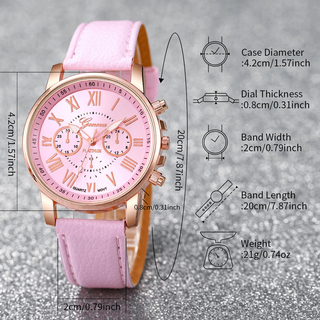 Women's Watch and Jewelry Set Elegant and delicate, this set includes a pink watch, bracelet, necklace, earrings, and ring with heart details and sparkling pink stones. Perfect for gifting or complementing your style.
