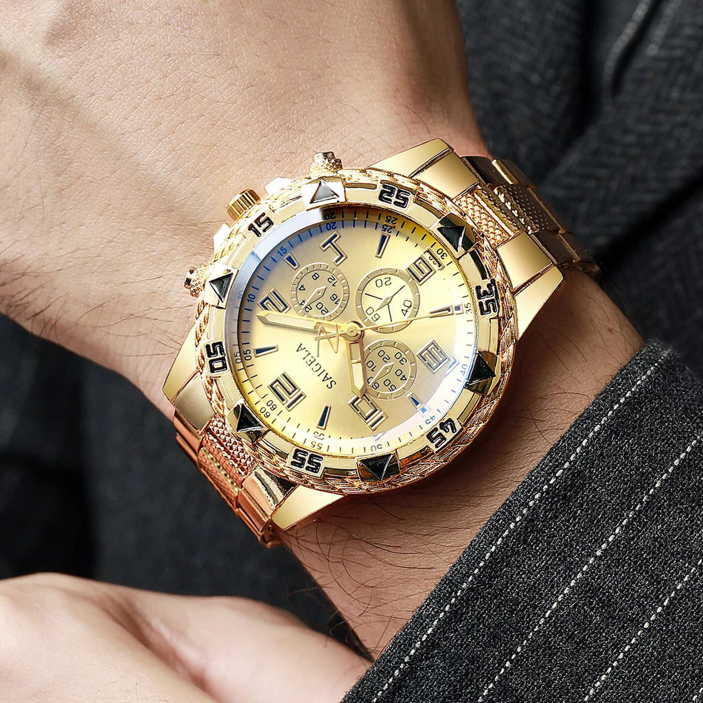 Luxury Gold Men's Watch With a sophisticated design and a gold-tone steel bracelet, this men's watch brings elegance and style to any occasion. Available with a blue or gold dial.