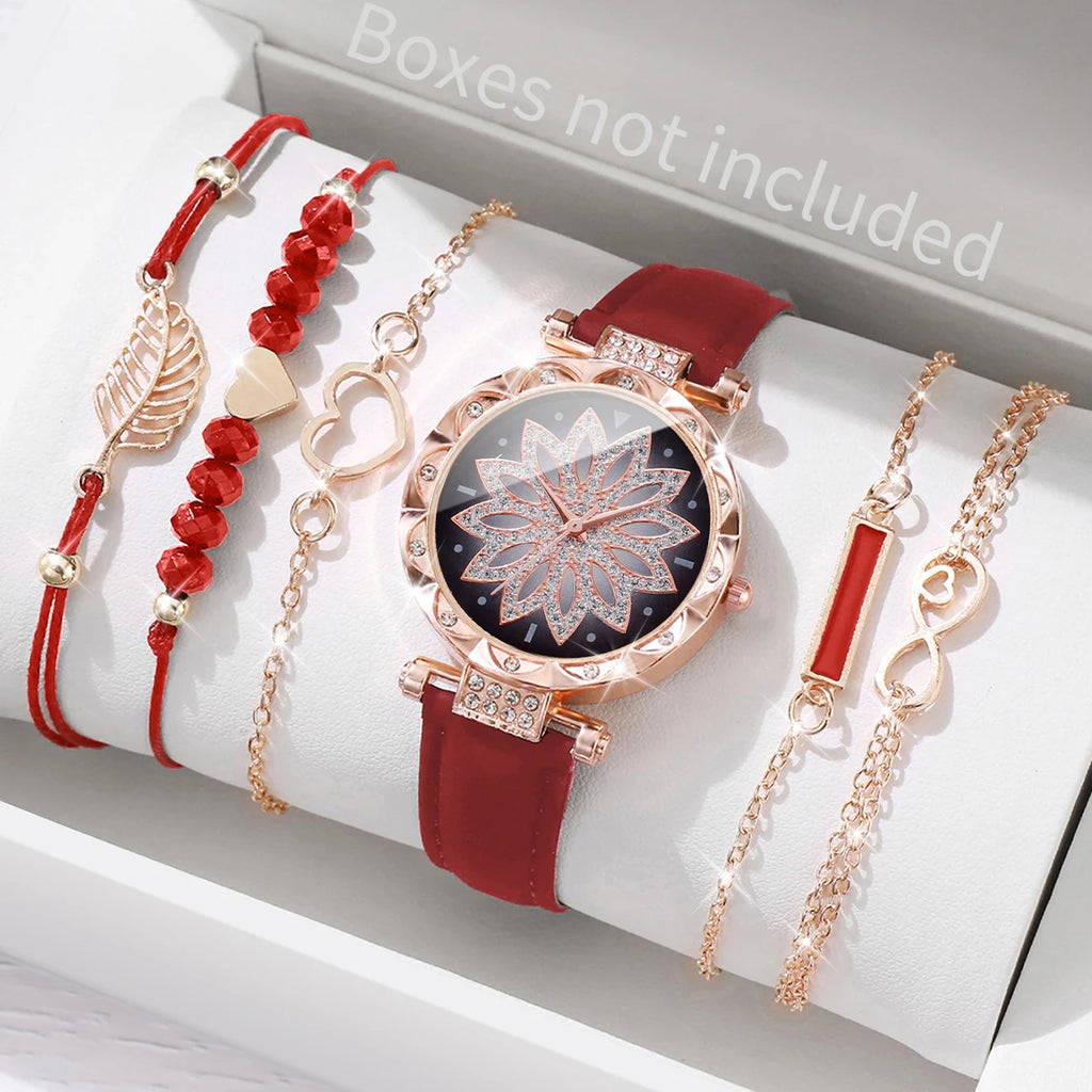 This elegant set includes a floral-designed wristwatch and delicate bracelets, all in rose gold tones. Ideal for those seeking versatility and beauty in accessories. (Boxes not included).