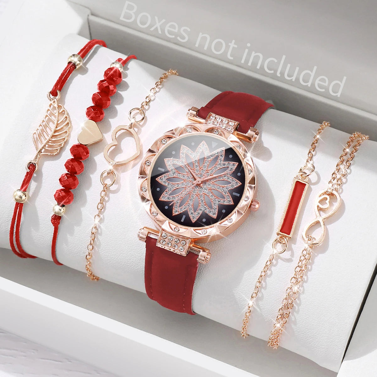 This elegant set includes a floral-designed wristwatch and delicate bracelets, all in rose gold tones. Ideal for those seeking versatility and beauty in accessories. (Boxes not included).
