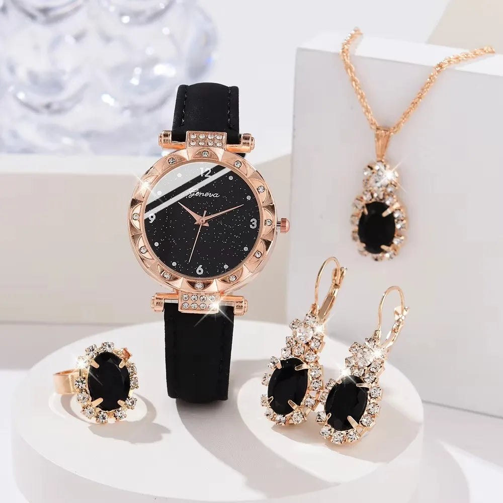 Women Watches Consist of 5 Pieces Luxury Rhinestone Wristwatch Elegant Quartz Wristwatch for Girls Bracelet Wrist Watch