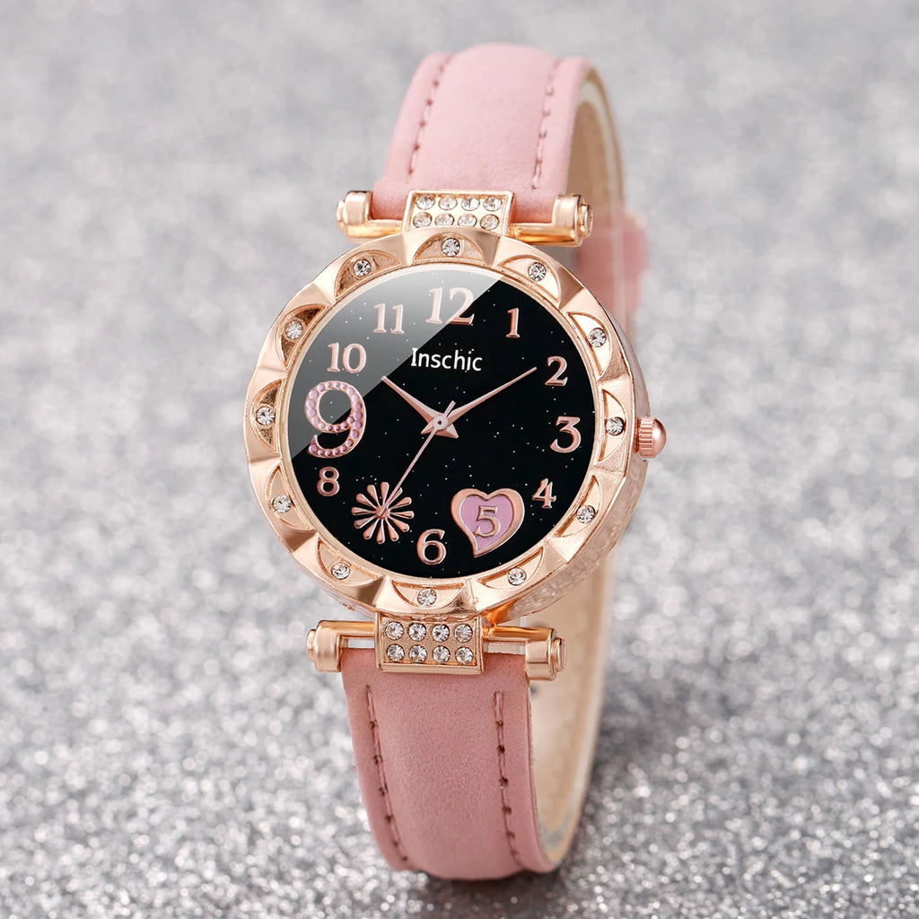 This elegant set includes a floral-designed wristwatch and delicate bracelets, all in rose gold tones. Ideal for those seeking versatility and beauty in accessories. (Boxes not included).