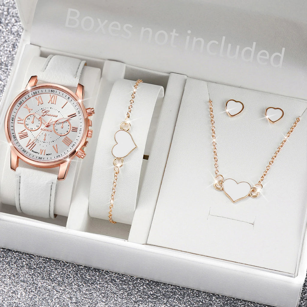 Women's Watch and Jewelry Set Elegant and delicate, this set includes a pink watch, bracelet, necklace, earrings, and ring with heart details and sparkling pink stones. Perfect for gifting or complementing your style.