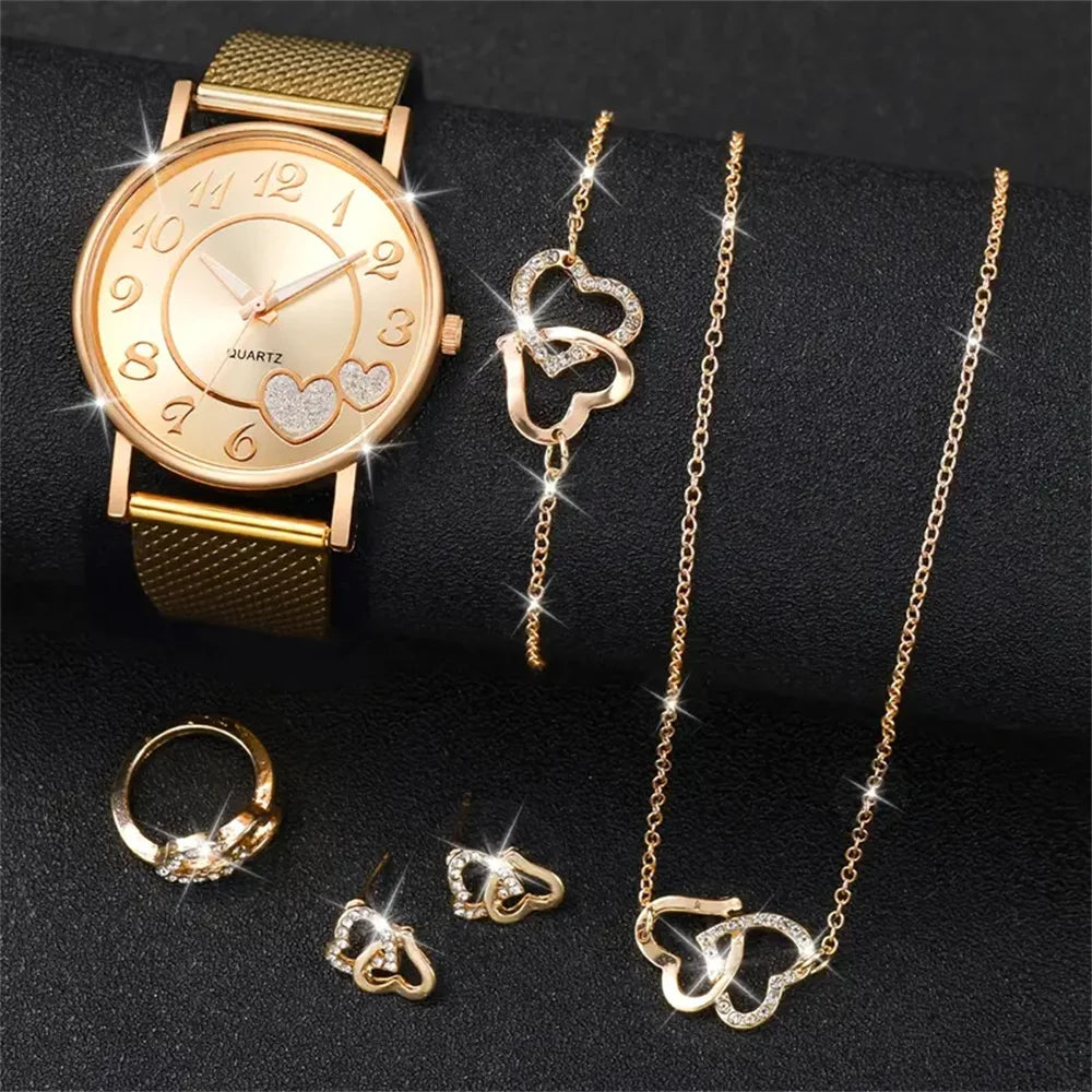 6 Pieces Women's Gold Analog Quartz Butterfly Heart Shaped Plastic Strap Watches (No Box)