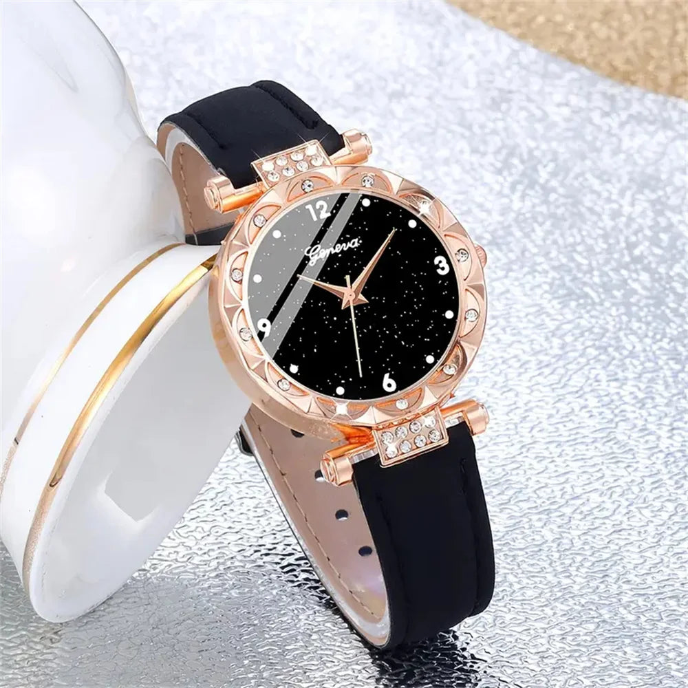 Women Watches Consist of 5 Pieces Luxury Rhinestone Wristwatch Elegant Quartz Wristwatch for Girls Bracelet Wrist Watch
