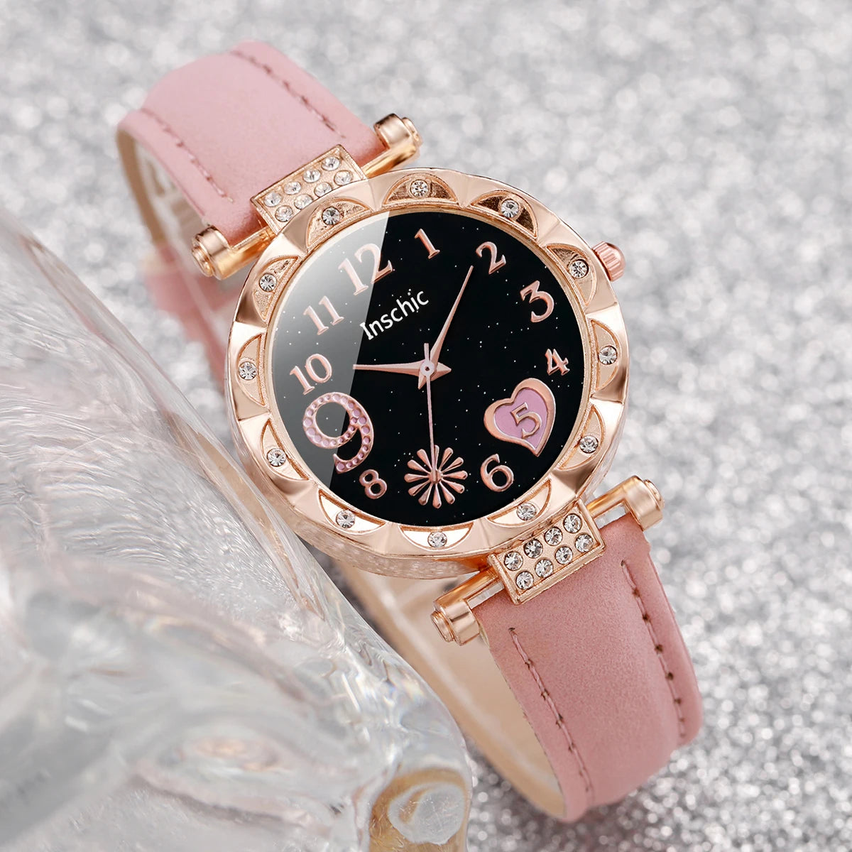 This elegant set includes a floral-designed wristwatch and delicate bracelets, all in rose gold tones. Ideal for those seeking versatility and beauty in accessories. (Boxes not included).