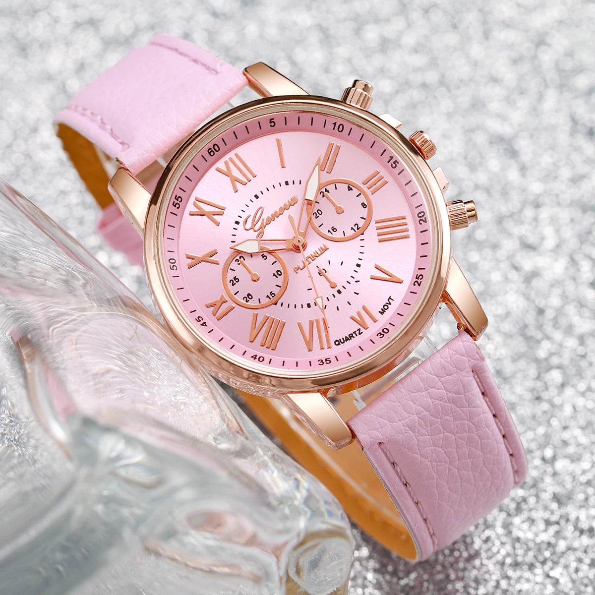 Women's Watch and Jewelry Set Elegant and delicate, this set includes a pink watch, bracelet, necklace, earrings, and ring with heart details and sparkling pink stones. Perfect for gifting or complementing your style.