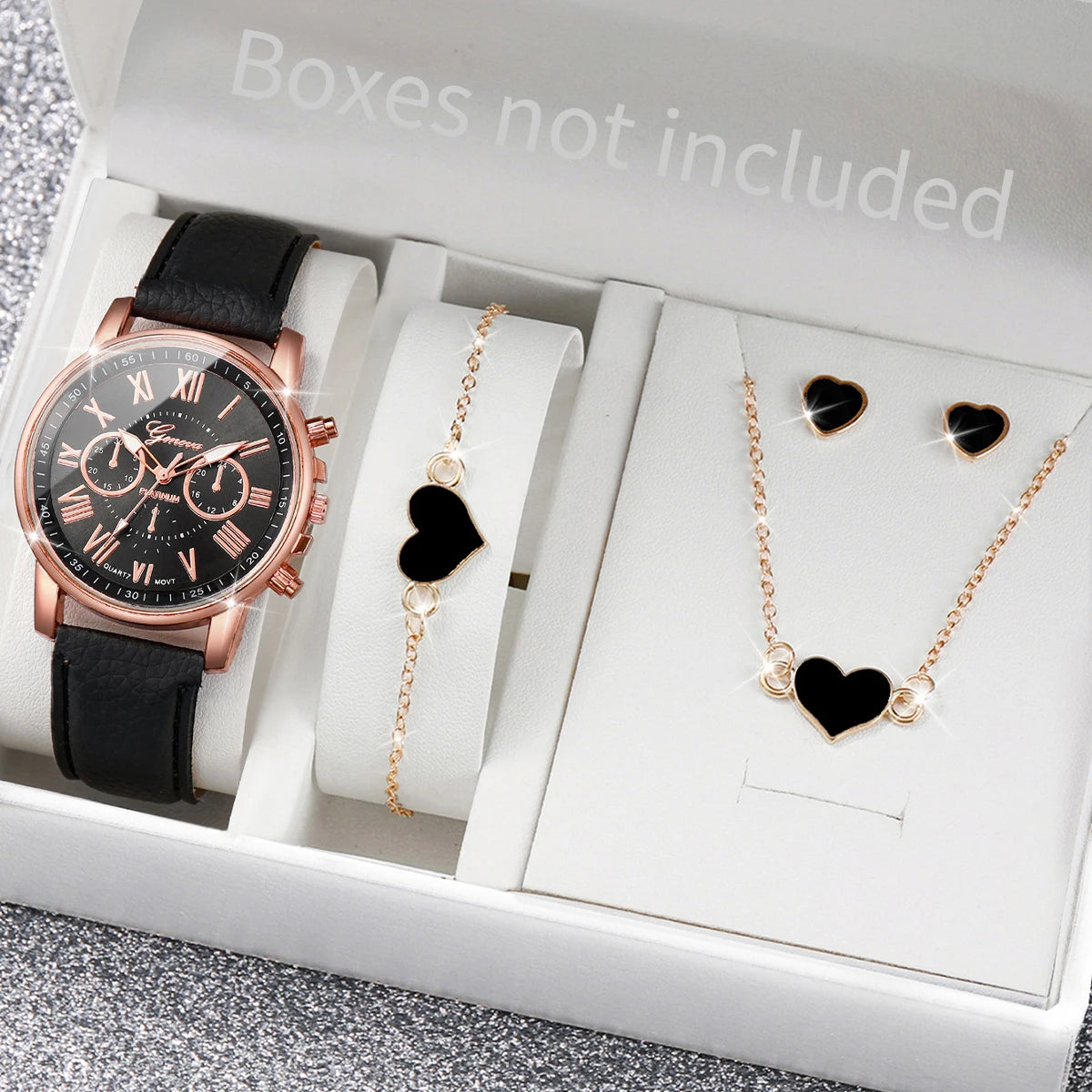 Women's Watch and Jewelry Set Elegant and delicate, this set includes a pink watch, bracelet, necklace, earrings, and ring with heart details and sparkling pink stones. Perfect for gifting or complementing your style.