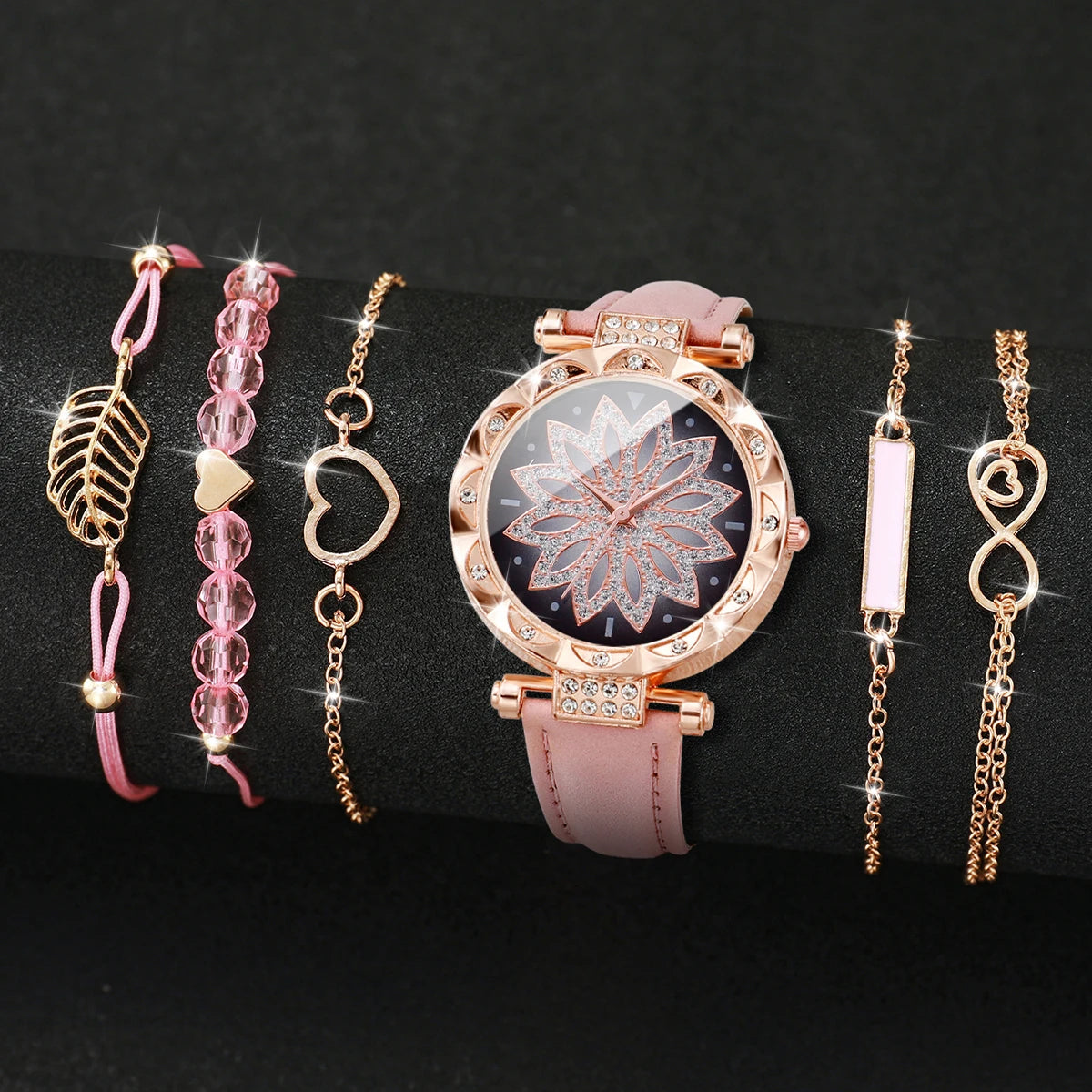 This elegant set includes a floral-designed wristwatch and delicate bracelets, all in rose gold tones. Ideal for those seeking versatility and beauty in accessories. (Boxes not included).