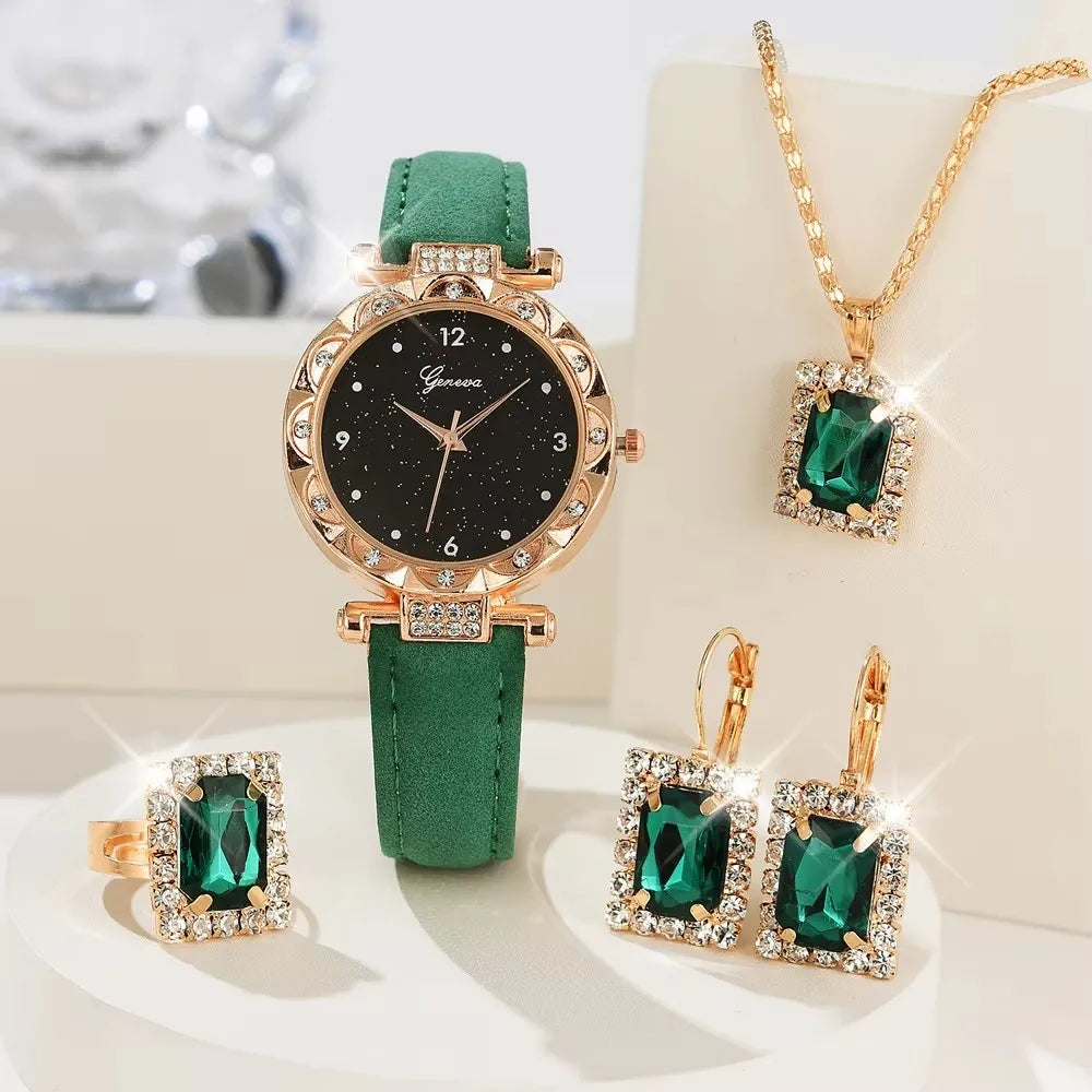 Women Watches Consist of 5 Pieces Luxury Rhinestone Wristwatch Elegant Quartz Wristwatch for Girls Bracelet Wrist Watch