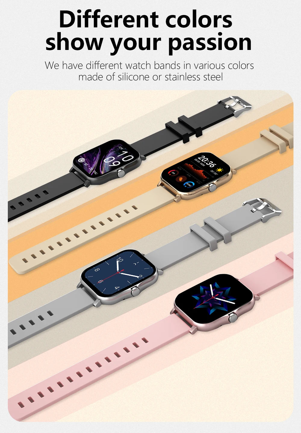This modern smartwatch offers Bluetooth calling, music playback, and customizable watch faces. Ideal for those seeking practicality and style in their everyday lives, with colorful watch faces and smart features to make your routine easier.