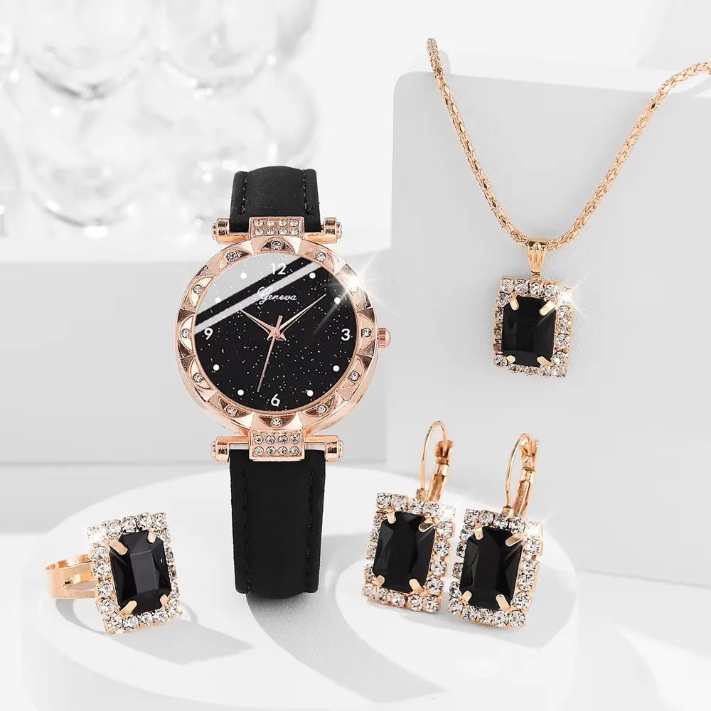Women Watches Consist of 5 Pieces Luxury Rhinestone Wristwatch Elegant Quartz Wristwatch for Girls Bracelet Wrist Watch