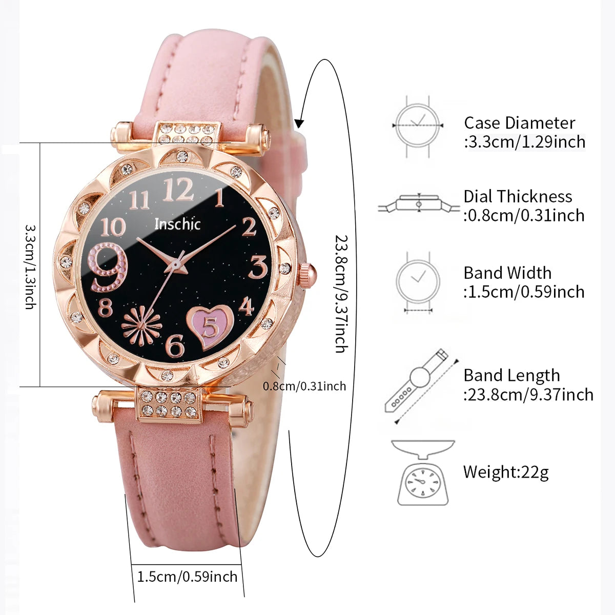 This elegant set includes a floral-designed wristwatch and delicate bracelets, all in rose gold tones. Ideal for those seeking versatility and beauty in accessories. (Boxes not included).