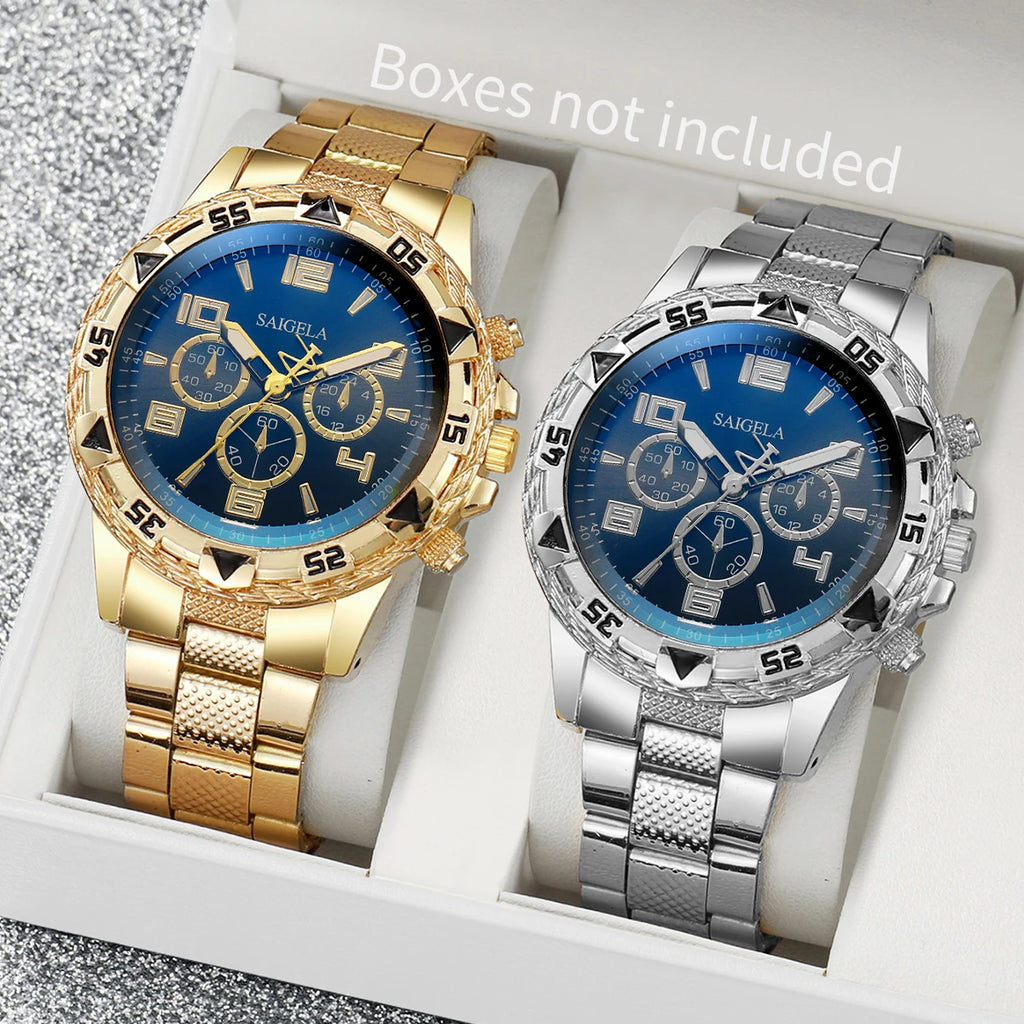 Luxury Gold Men's Watch With a sophisticated design and a gold-tone steel bracelet, this men's watch brings elegance and style to any occasion. Available with a blue or gold dial.