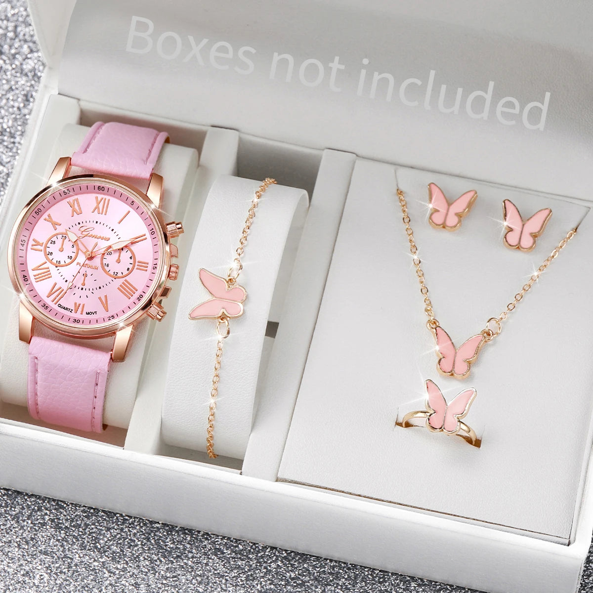 Women's Watch and Jewelry Set Elegant and delicate, this set includes a pink watch, bracelet, necklace, earrings, and ring with heart details and sparkling pink stones. Perfect for gifting or complementing your style.