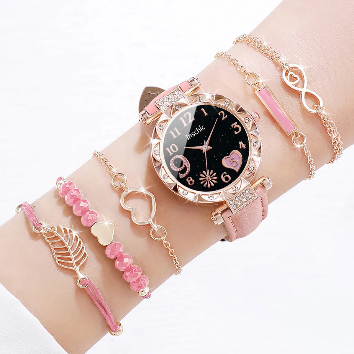 This elegant set includes a floral-designed wristwatch and delicate bracelets, all in rose gold tones. Ideal for those seeking versatility and beauty in accessories. (Boxes not included).