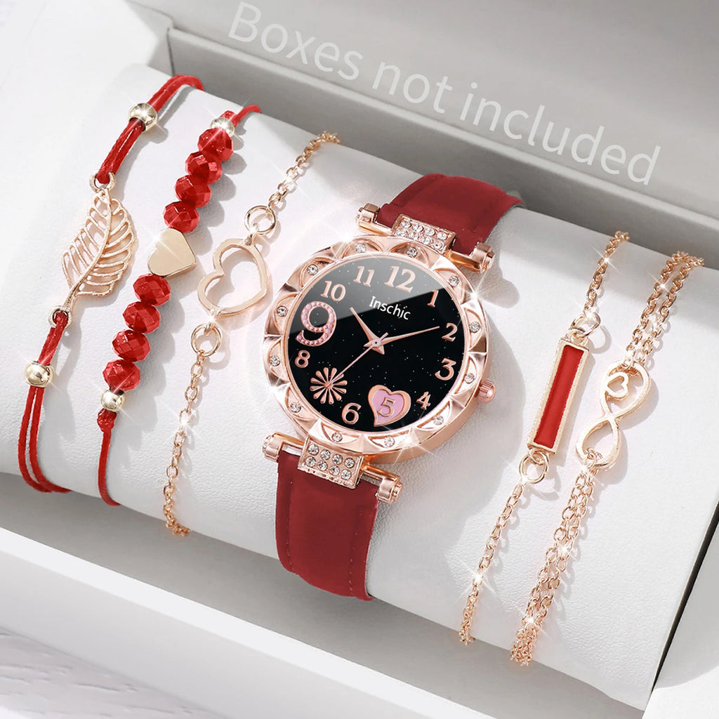 This elegant set includes a floral-designed wristwatch and delicate bracelets, all in rose gold tones. Ideal for those seeking versatility and beauty in accessories. (Boxes not included).