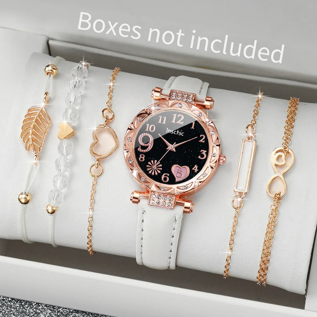 This elegant set includes a floral-designed wristwatch and delicate bracelets, all in rose gold tones. Ideal for those seeking versatility and beauty in accessories. (Boxes not included).