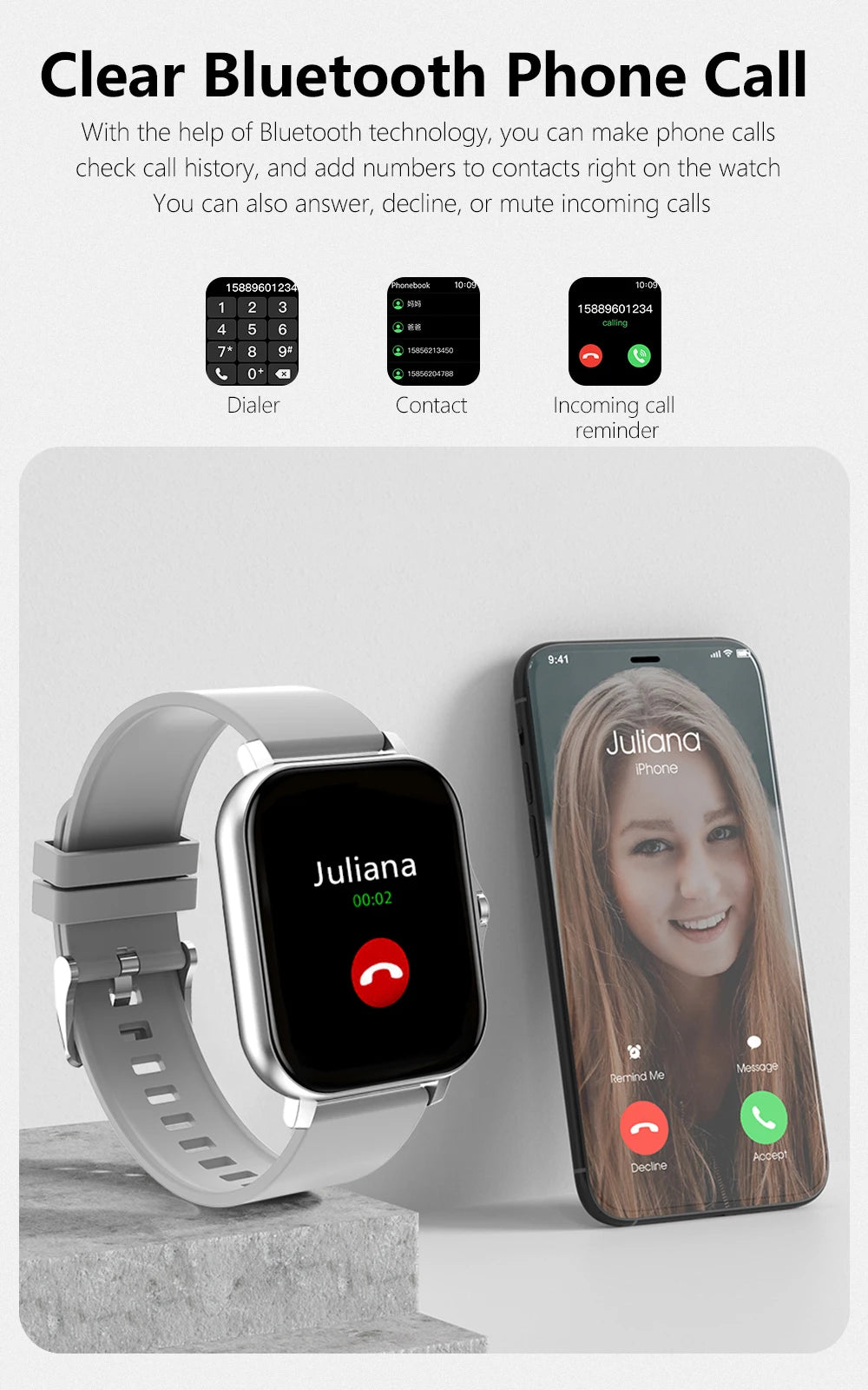 This modern smartwatch offers Bluetooth calling, music playback, and customizable watch faces. Ideal for those seeking practicality and style in their everyday lives, with colorful watch faces and smart features to make your routine easier.