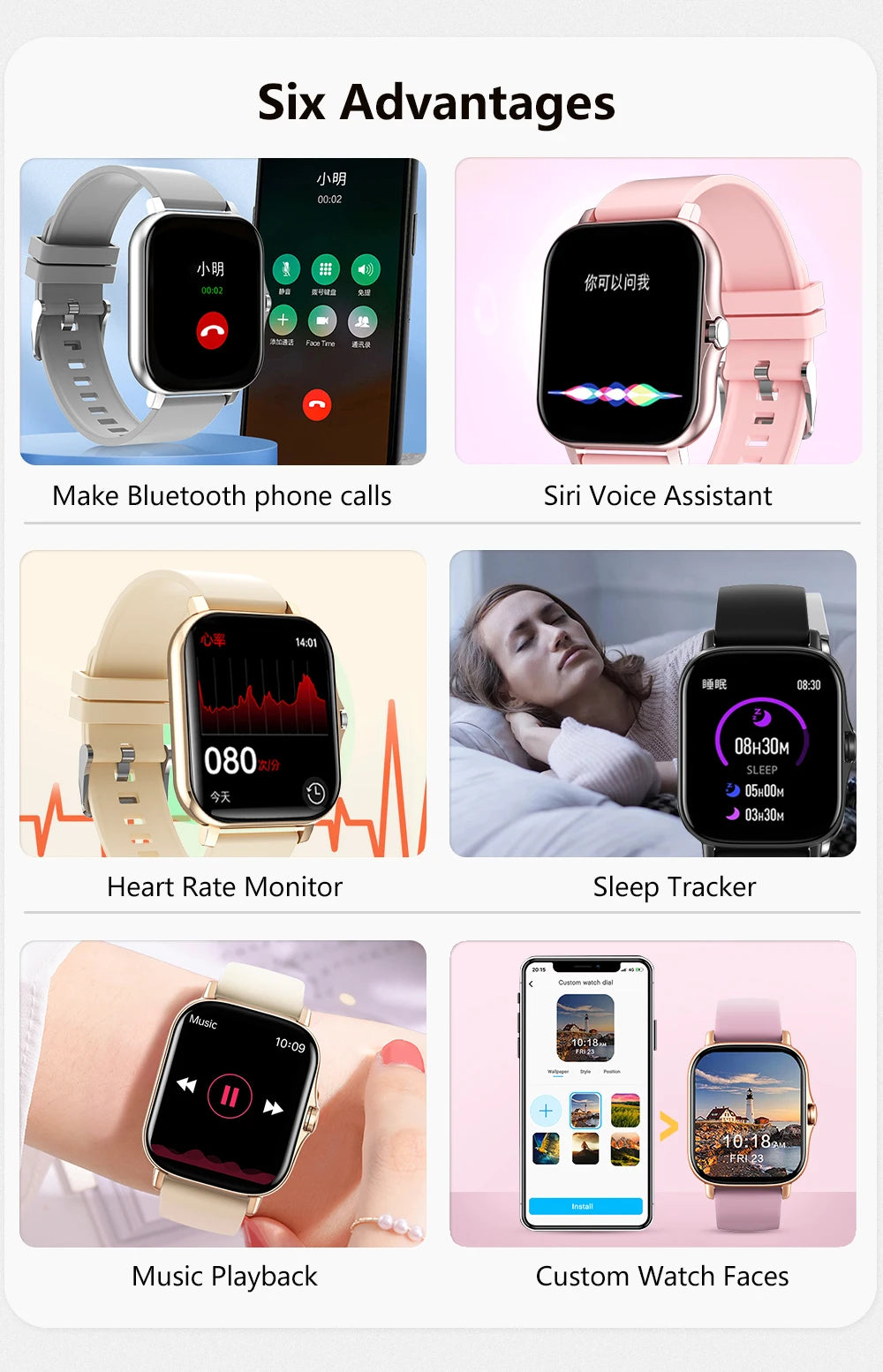 This modern smartwatch offers Bluetooth calling, music playback, and customizable watch faces. Ideal for those seeking practicality and style in their everyday lives, with colorful watch faces and smart features to make your routine easier.