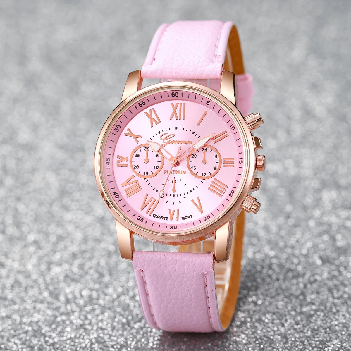 Women's Watch and Jewelry Set Elegant and delicate, this set includes a pink watch, bracelet, necklace, earrings, and ring with heart details and sparkling pink stones. Perfect for gifting or complementing your style.