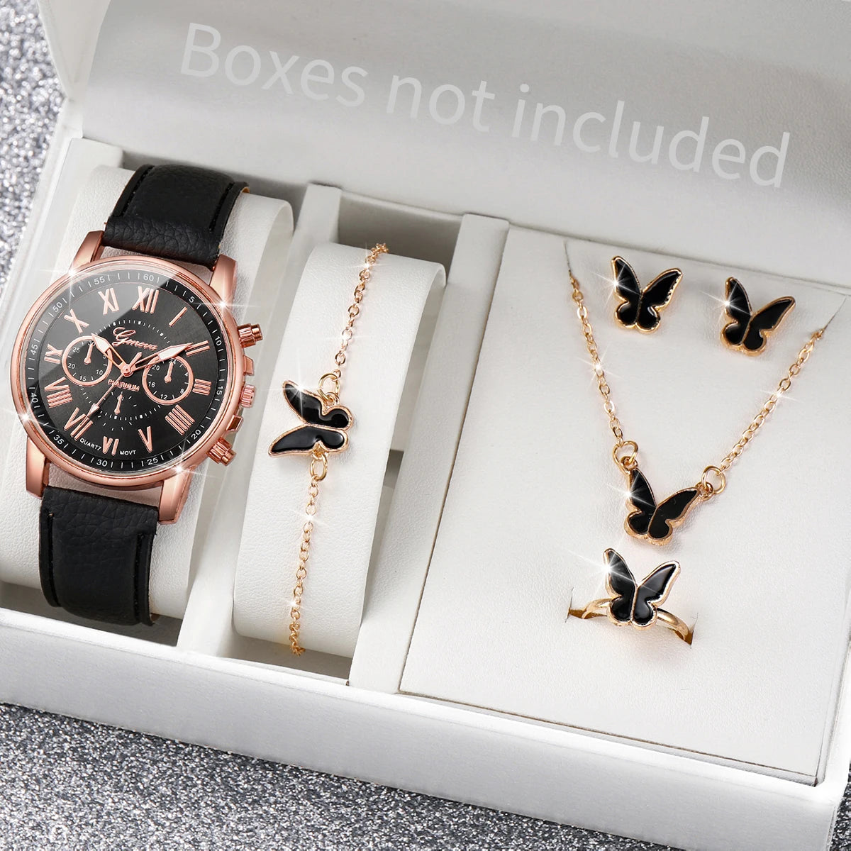 Women's Watch and Jewelry Set Elegant and delicate, this set includes a pink watch, bracelet, necklace, earrings, and ring with heart details and sparkling pink stones. Perfect for gifting or complementing your style.
