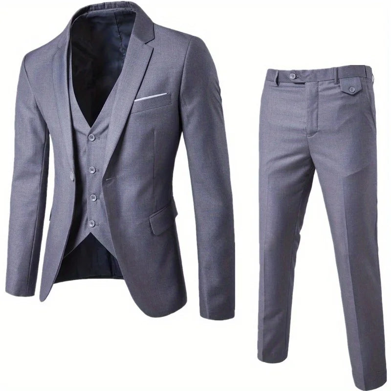 Men's Slim 3-Piece Suit Elegant and modern, this gray slim-fit suit includes a jacket, vest, and pants. Ideal for stylish weddings, parties, or social events.