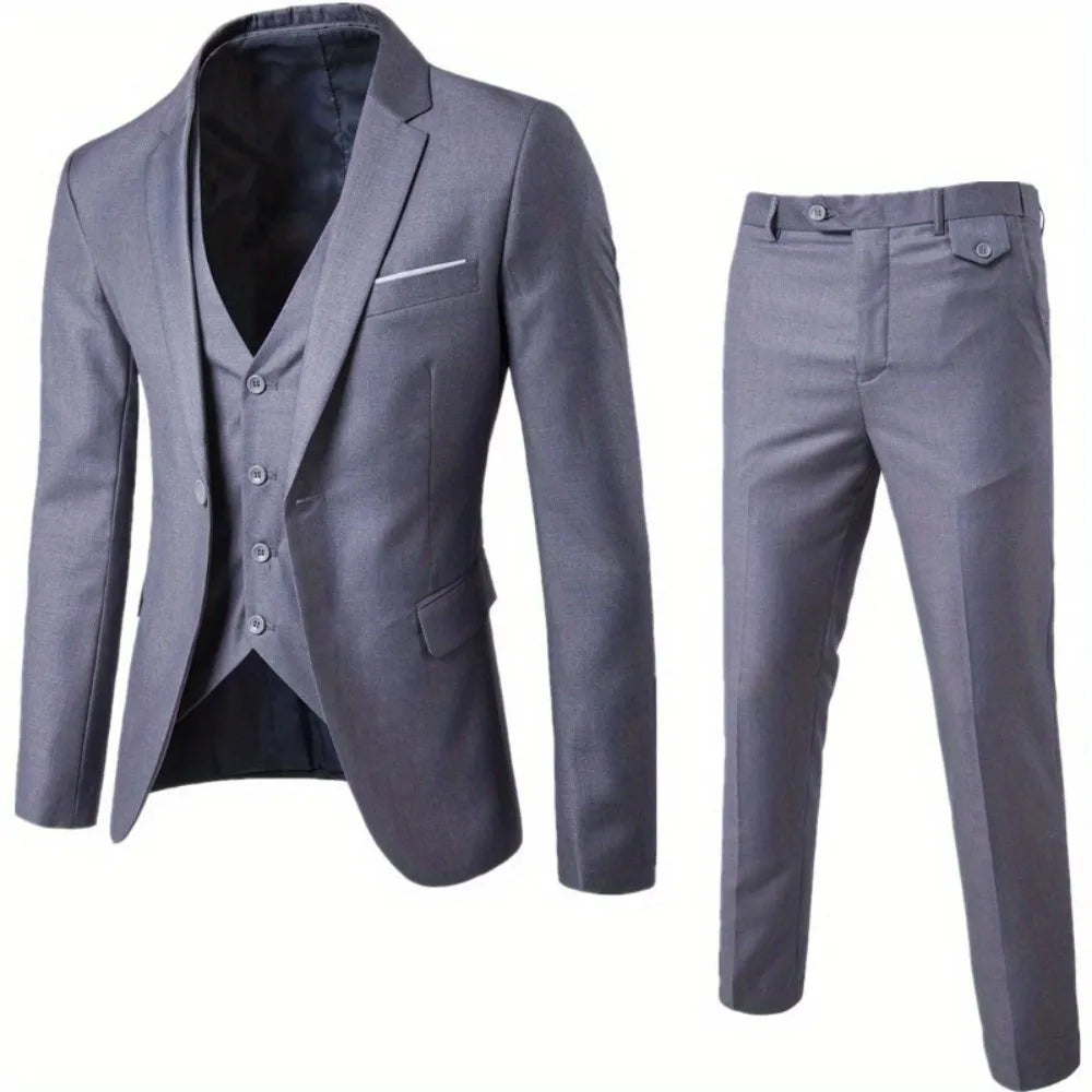 Men's Slim 3-Piece Suit Elegant and modern, this gray slim-fit suit includes a jacket, vest, and pants. Ideal for stylish weddings, parties, or social events.