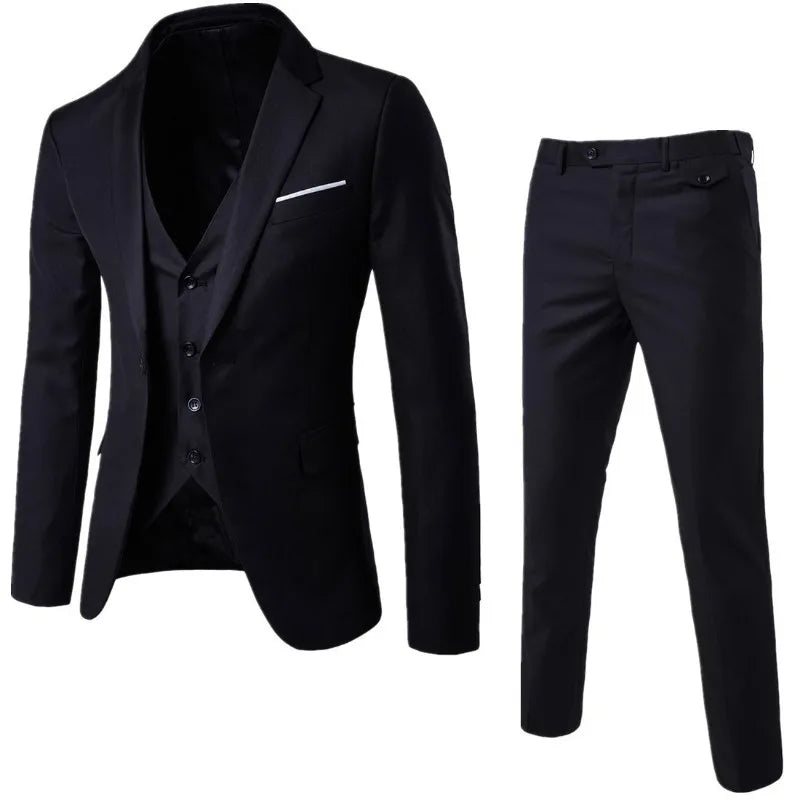Men's Slim 3-Piece Suit Elegant and modern, this gray slim-fit suit includes a jacket, vest, and pants. Ideal for stylish weddings, parties, or social events.