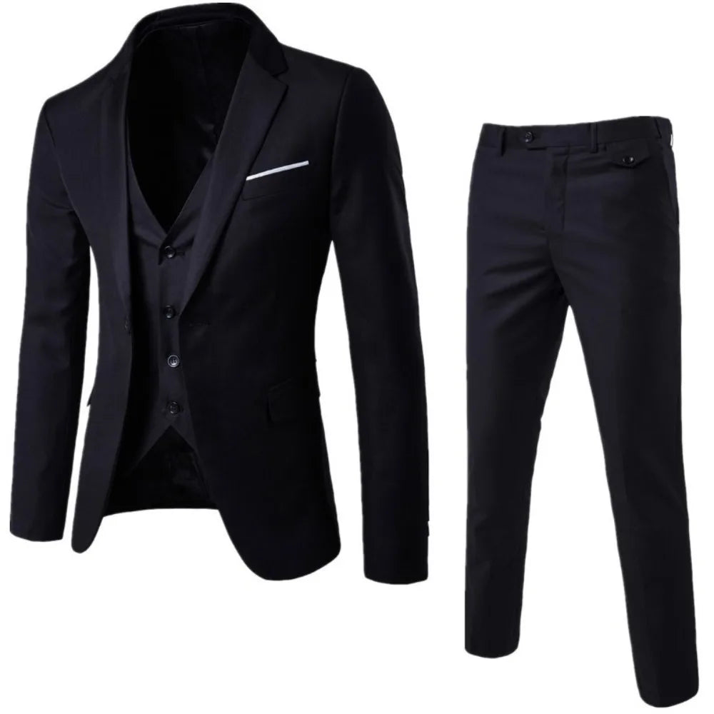 Men's Slim 3-Piece Suit Elegant and modern, this gray slim-fit suit includes a jacket, vest, and pants. Ideal for stylish weddings, parties, or social events.
