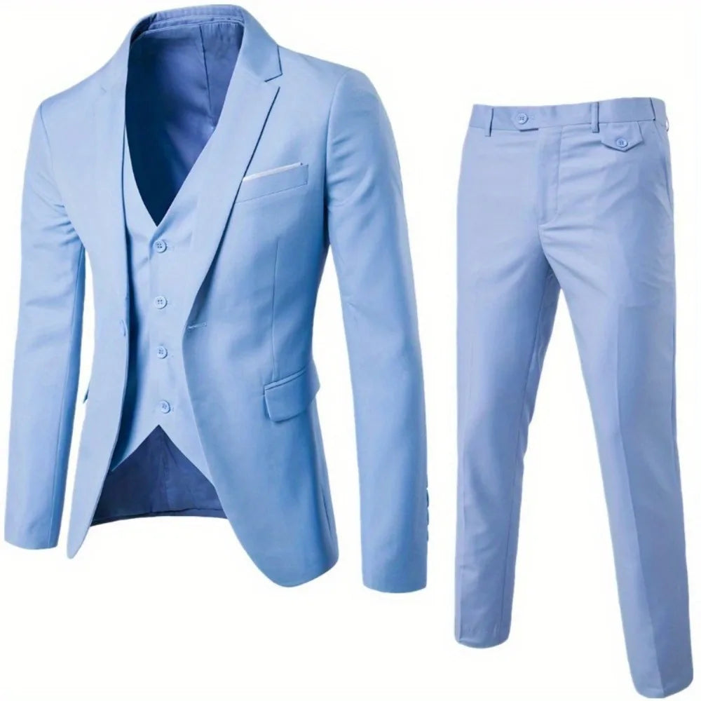 Men's Slim 3-Piece Suit Elegant and modern, this gray slim-fit suit includes a jacket, vest, and pants. Ideal for stylish weddings, parties, or social events.